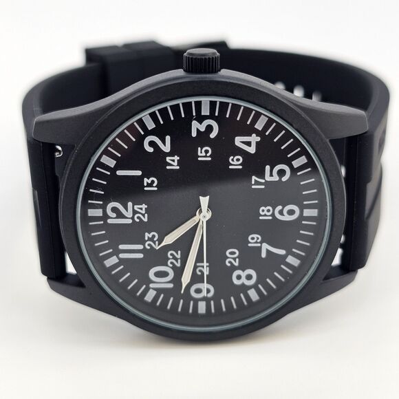 Men's Field Watch 42MM Black Case Black Dial Black Plastic Band Straps - Picture 5 of 12